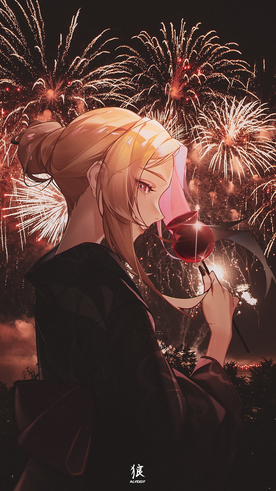Marin Kitagawa from My Dress-Up Darling Holding a Red Rose Under Fireworks HD phone wallpaper