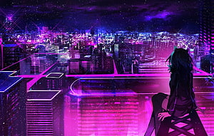 Anime Girl with Cat Ears Sitting on a Rooftop Overlooking a Neon Cyberpunk City at Night HD wallpaper