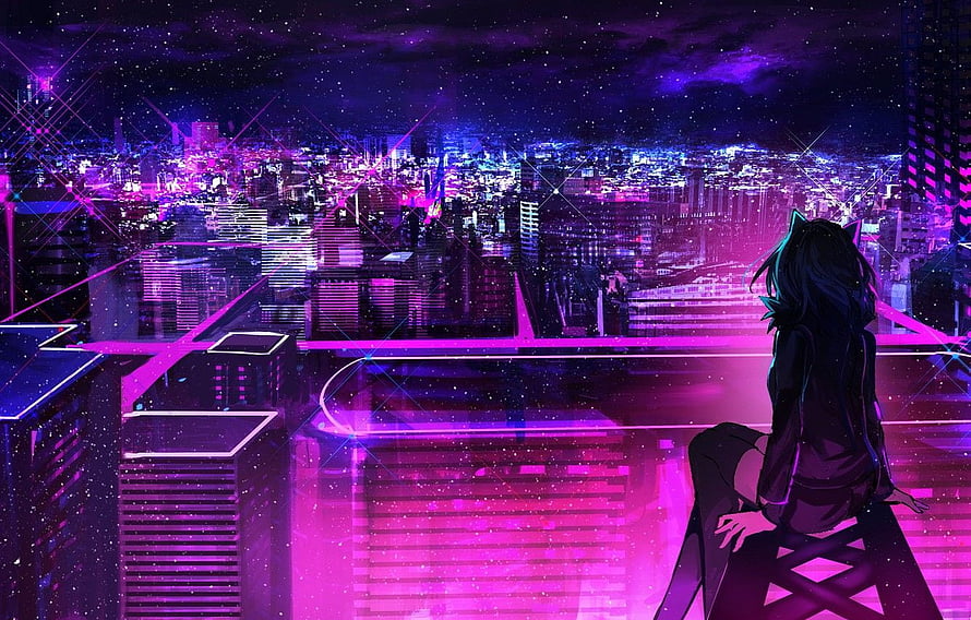 Anime Girl with Cat Ears Sitting on a Rooftop Overlooking a Neon Cyberpunk City at Night HD wallpaper