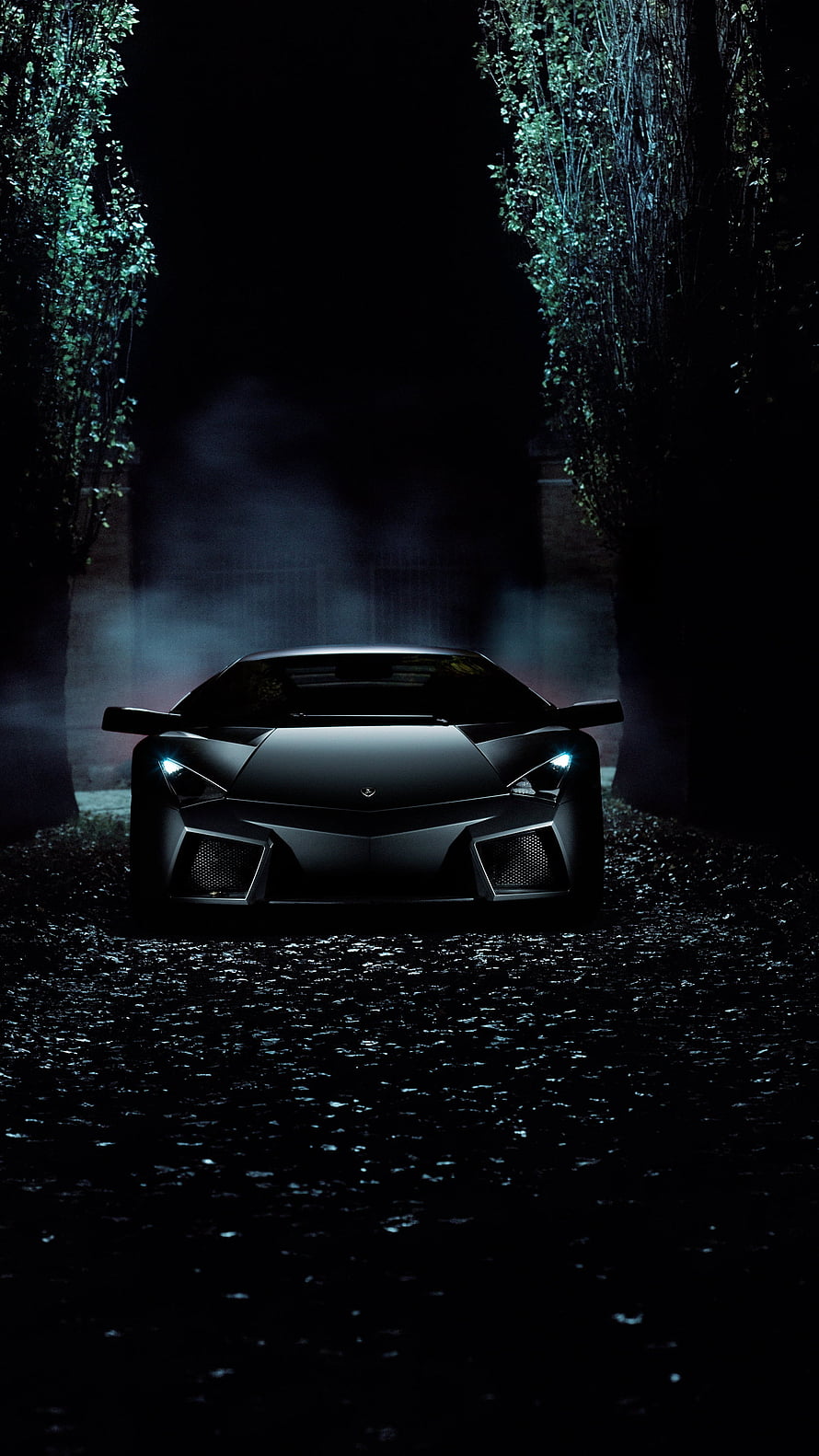 Matte Black Lamborghini Aventador Front View in Dark Misty Forest Setting HD phone wallpaper