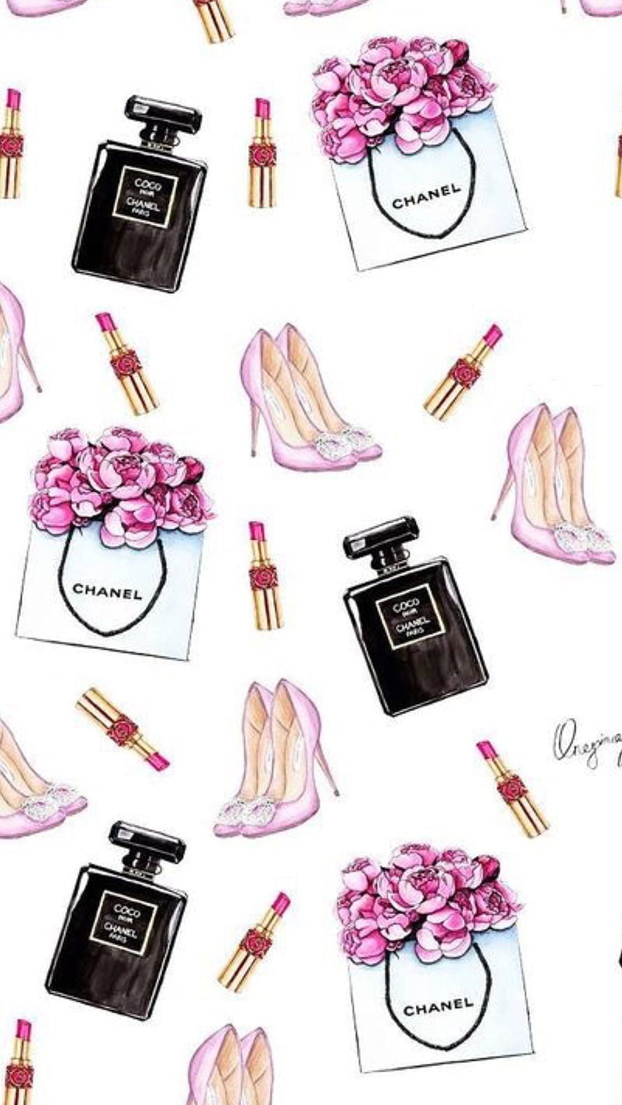Chanel Fashion Illustration Pattern with Pink High Heels, Lipstick, and Perfume HD phone wallpaper