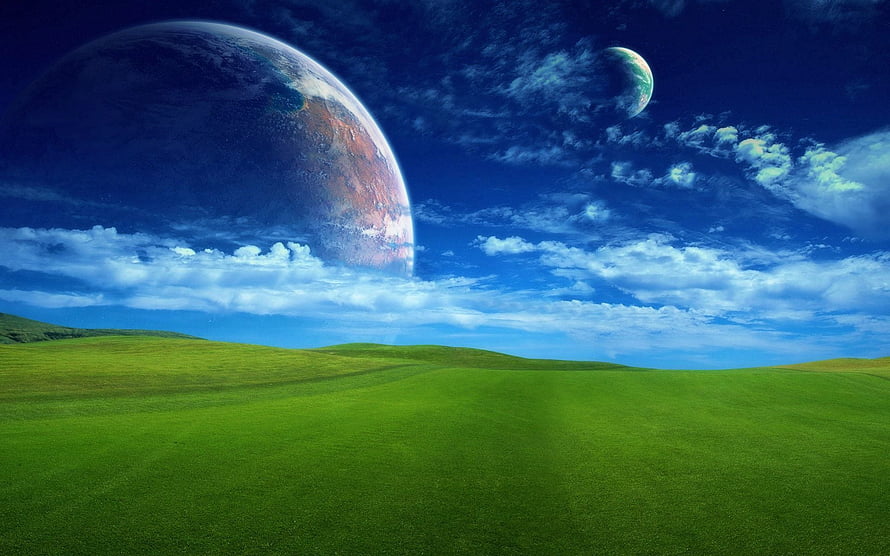 Vast Green Rolling Hills Under A Deep Blue Sky With Two Large Planets And Scattered Clouds HD wallpaper