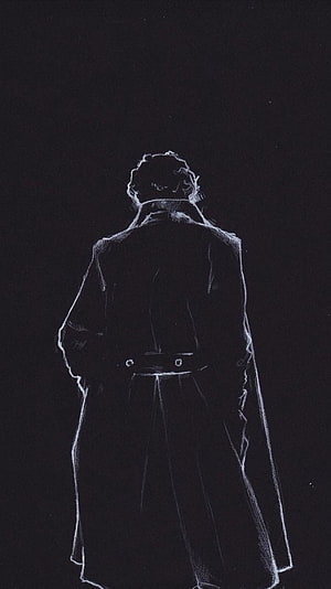 Sherlock Holmes Dark Silhouette Sketch in Long Coat Against Black Background HD phone wallpaper