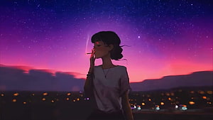Anime Girl Smoking Under a Starry Purple Sky with City Lights Below HD wallpaper