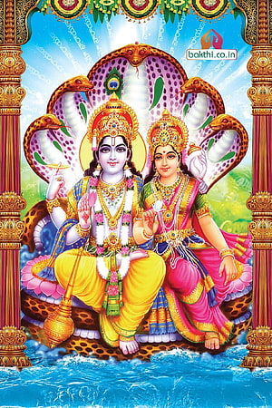 Lakshmi Narayana Divine Couple Seated on Lotus with Serpent Canopy and Ornate Temple Pillars HD phone wallpaper