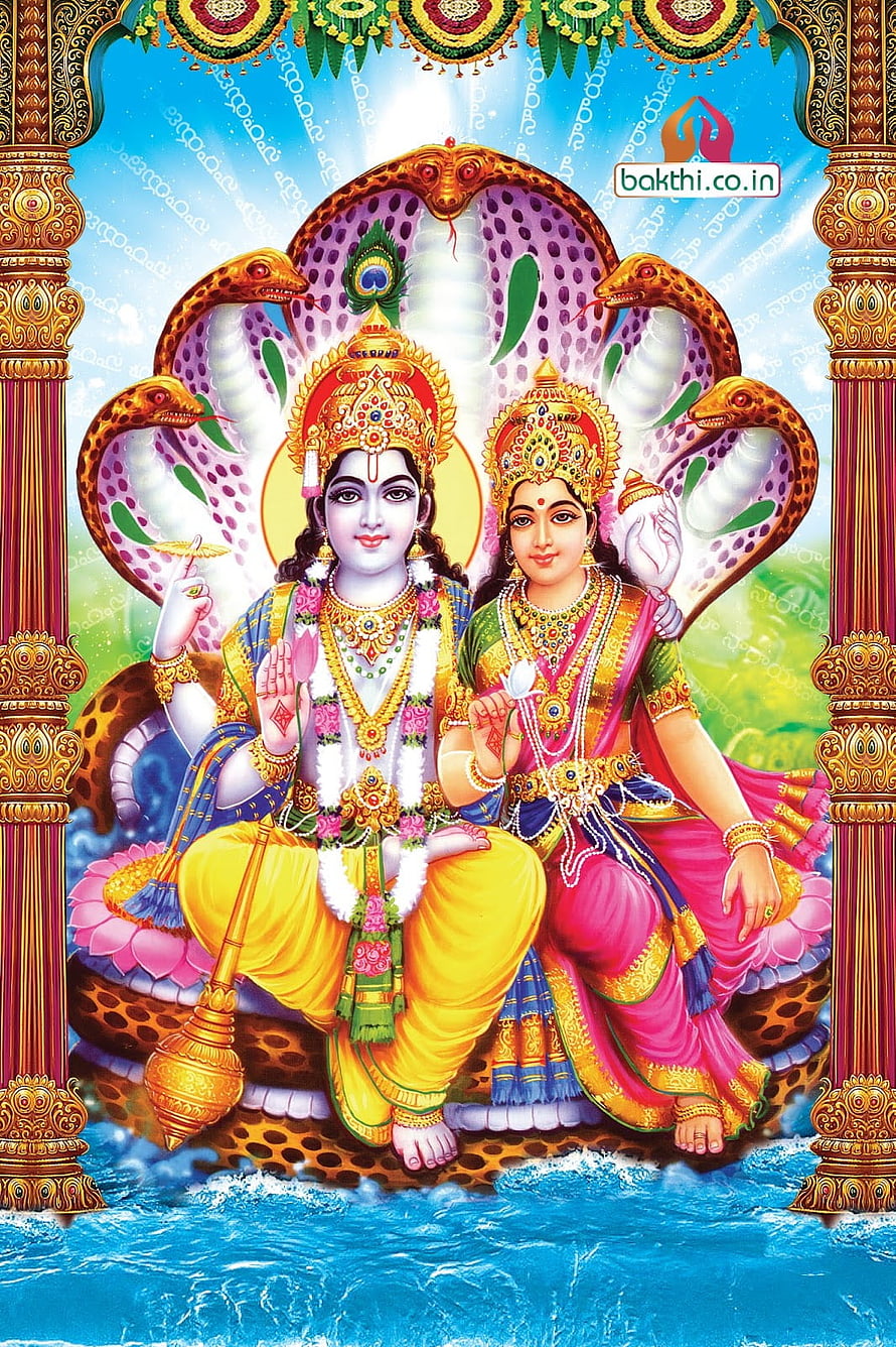 Lakshmi Narayana Divine Couple Seated on Lotus with Serpent Canopy and Ornate Temple Pillars HD phone wallpaper