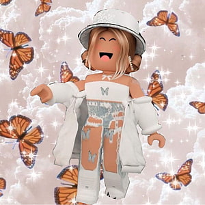 Roblox Butterfly Aesthetic Avatar with White Outfit and Sparkling Cloud Background HD phone wallpaper