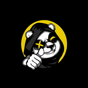 Stylized cartoon panda in a beanie with a yellow X over one eye, pointing forward inside a yellow circle on a black background HD phone wallpaper