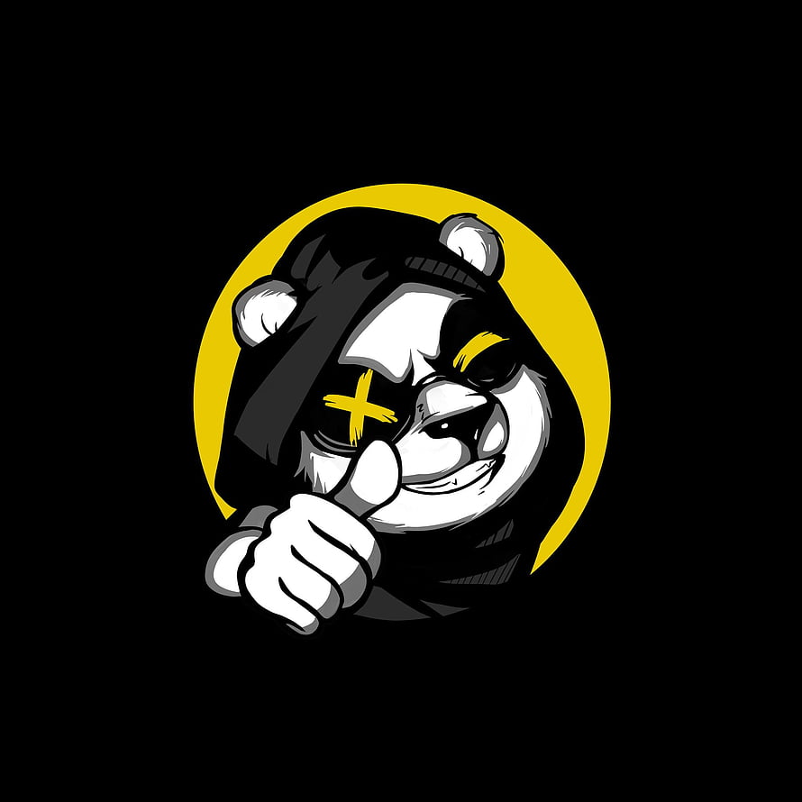 Stylized cartoon panda in a beanie with a yellow X over one eye, pointing forward inside a yellow circle on a black background HD phone wallpaper