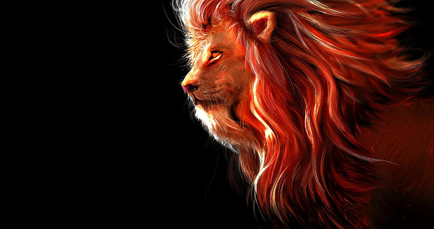 Majestic Lion Profile with Fiery Red Mane Against Black Background HD wallpaper