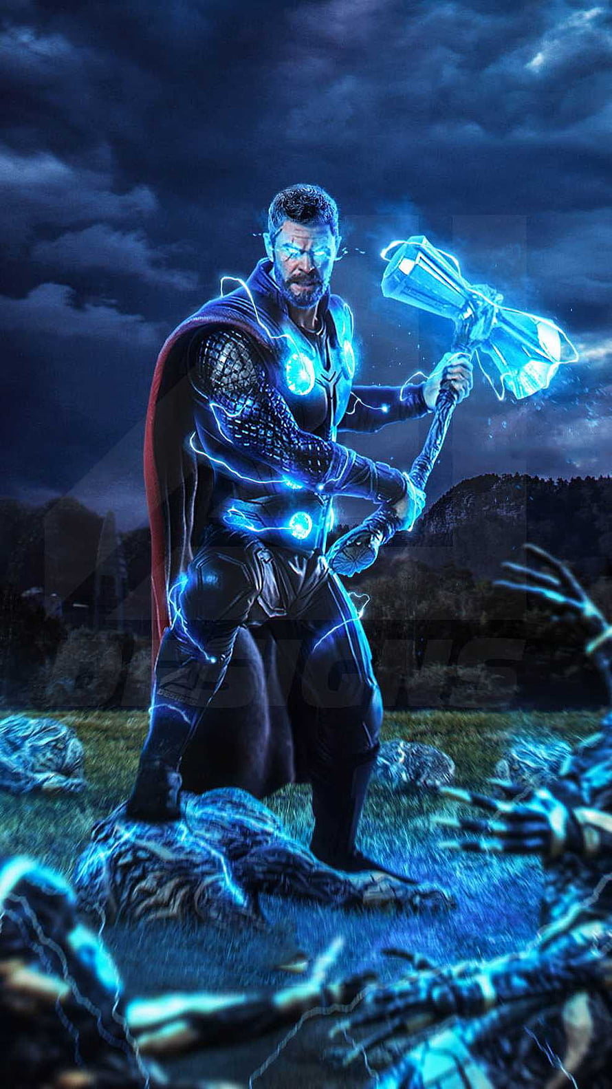 Thor Wielding Stormbreaker Amidst Blue Lightning in Dark Stormy Landscape HD phone wallpaper