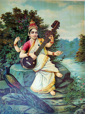 Saraswati Playing Veena by Raja Ravi Varma in a Lush Riverside Landscape HD phone wallpaper