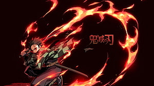 Demon Slayer Tanjiro Kamado Wielding Katana in Fiery Flame Circle HD wallpaper