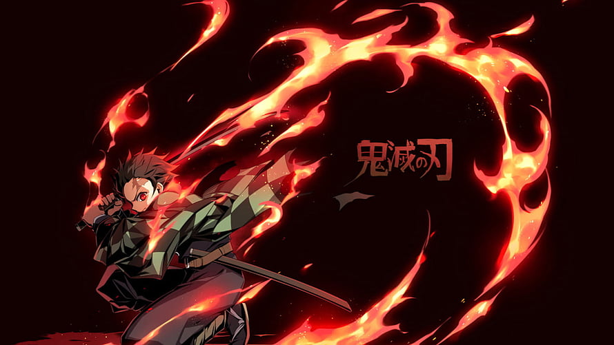 Demon Slayer Tanjiro Kamado Wielding Katana in Fiery Flame Circle HD wallpaper