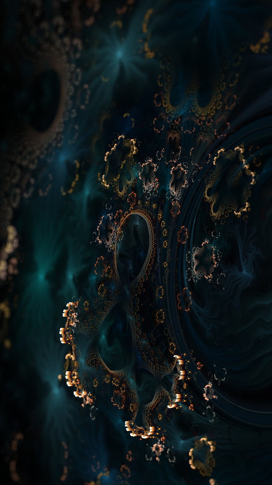 Abstract Fractal Artwork with Intricate Coral Patterns in Deep Teal and Gold Tones HD phone wallpaper