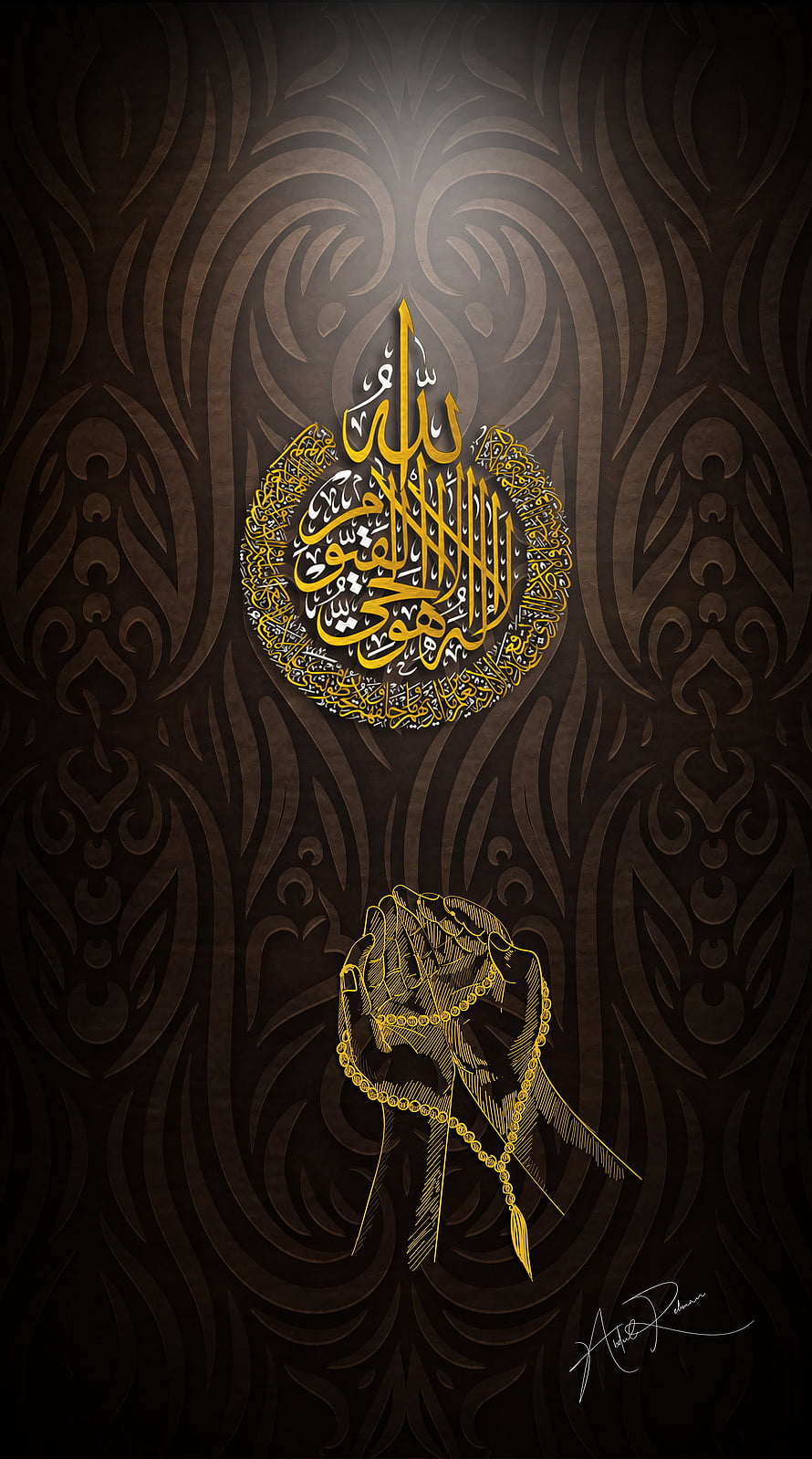 Islamic Calligraphy Art with Gold Arabic Script and Prayer Beads on Dark Ornamental Background HD phone wallpaper