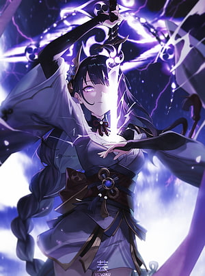 Raiden Shogun wielding a glowing sword amidst purple lightning in Genshin Impact anime art HD phone wallpaper