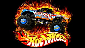 Hot Wheels Monster Truck with Flame Design and Iconic Logo on Black Background HD wallpaper