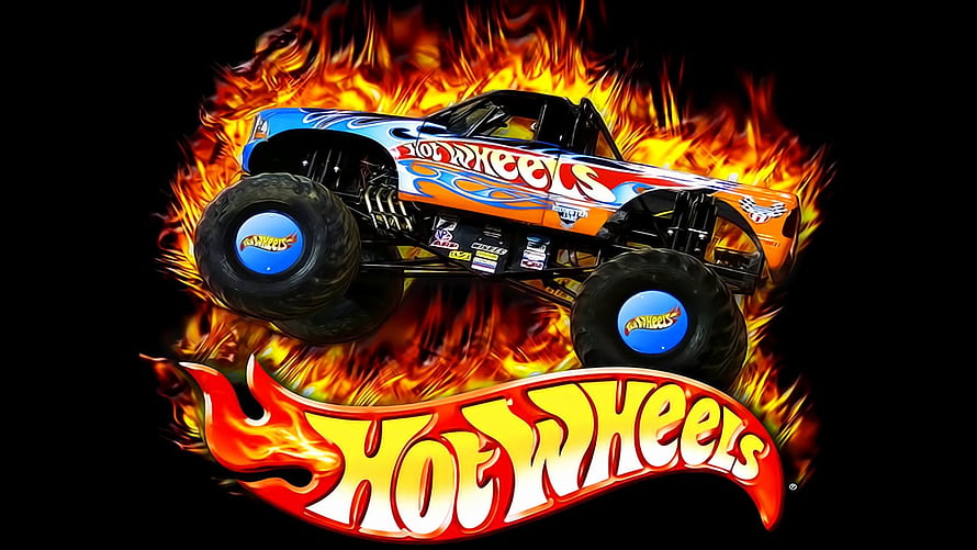 Hot Wheels Monster Truck with Flame Design and Iconic Logo on Black Background HD wallpaper