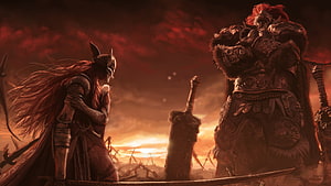 Elden Ring Starscourge Radahn and Malenia Confrontation on a Blood-Red Battlefield HD wallpaper