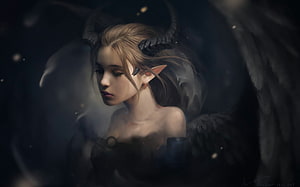 Dark Fantasy Elf Woman with Horns and Wings in Moody Digital Art HD wallpaper