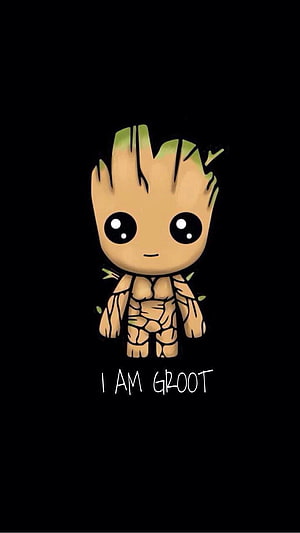 Cute Chibi Baby Groot Illustration with I Am Groot Text on Black Background HD phone wallpaper