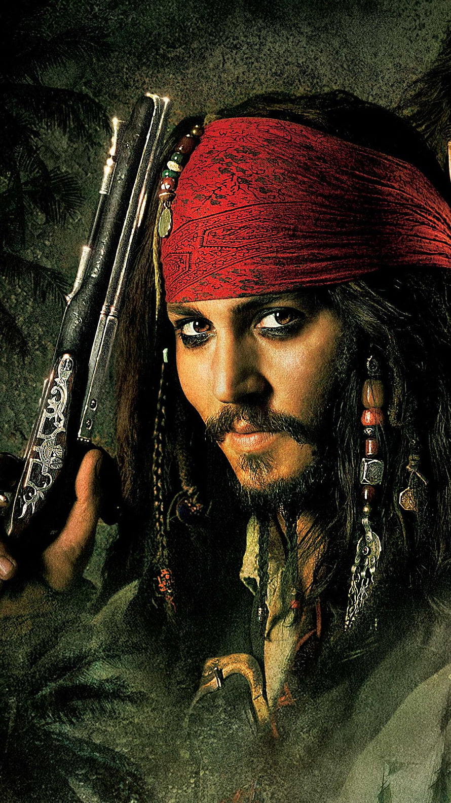 Jack Sparrow Portrait with Red Bandana and Flintlock Pistol HD phone wallpaper
