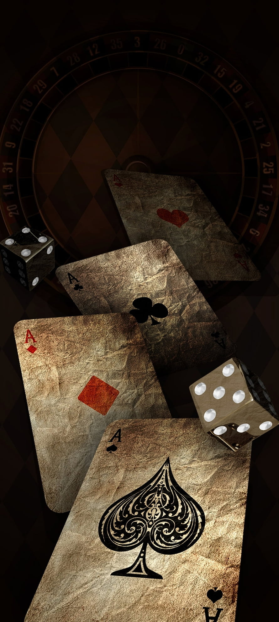 Vintage Four Aces Playing Cards with Dice and Roulette Wheel Casino Scene HD phone wallpaper
