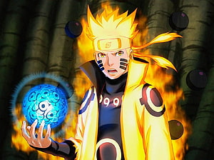 Naruto Uzumaki in Six Paths Sage Mode Channeling Rasenshuriken with Fire and Chakra Orbs HD wallpaper