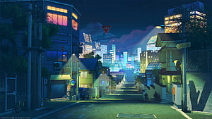 Lo-Fi Anime Night Street Scene With Distant City Skyline And Neon Lights HD wallpaper