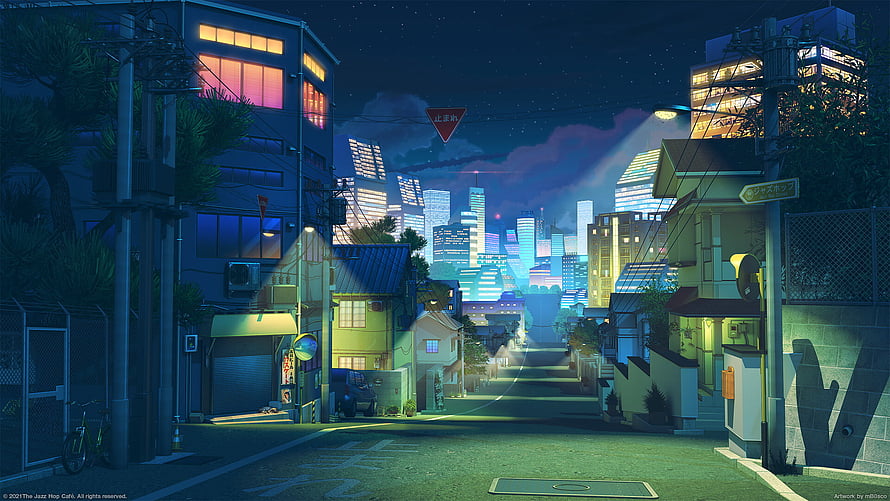 Lo-Fi Anime Night Street Scene With Distant City Skyline And Neon Lights HD wallpaper