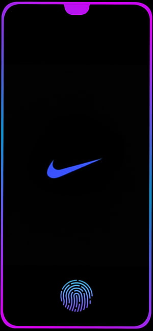 Minimalist Nike Swoosh and Fingerprint Icon on Black Smartphone Screen with Neon Gradient Border HD phone wallpaper