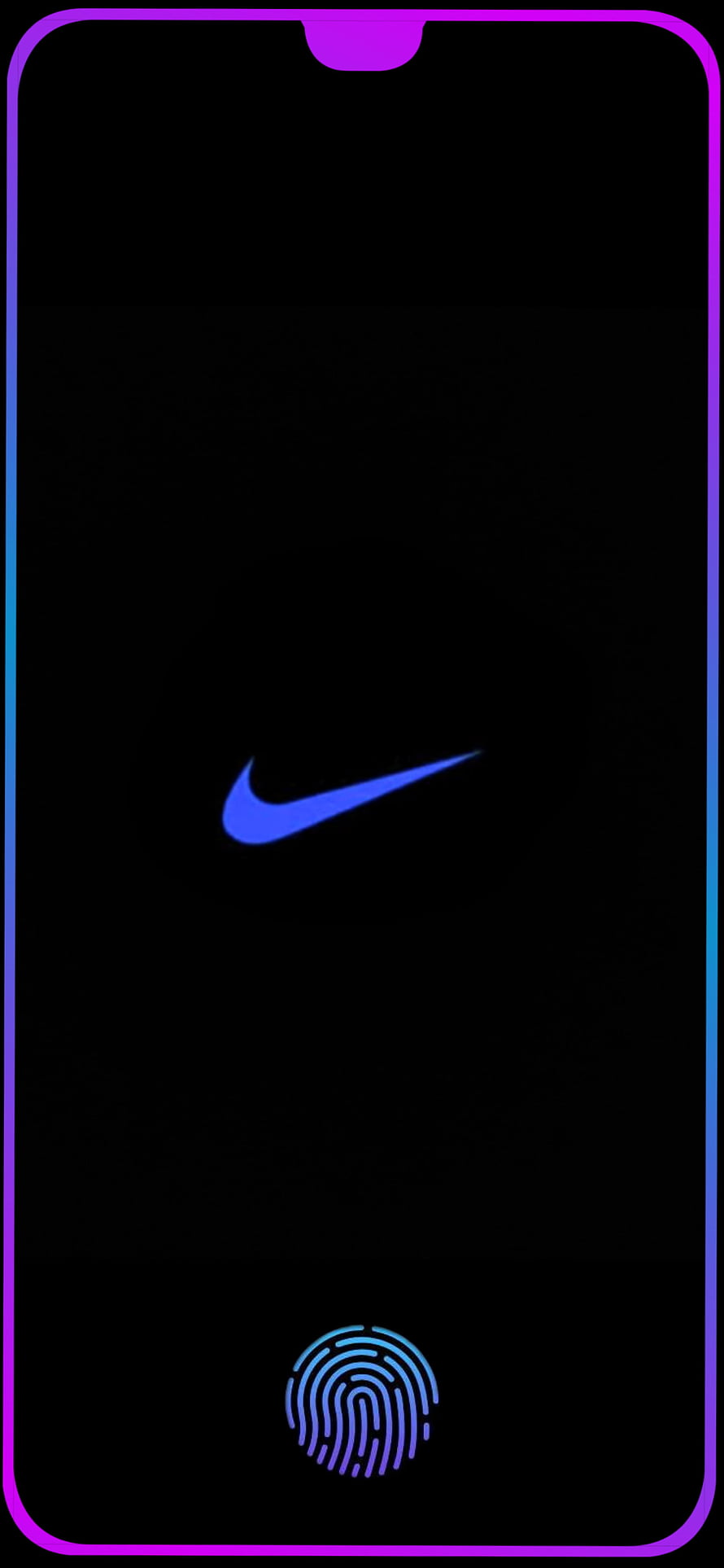 Minimalist Nike Swoosh and Fingerprint Icon on Black Smartphone Screen with Neon Gradient Border HD phone wallpaper
