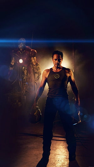 Tony Stark and Iron Man Armor in a Dramatic Workshop Scene, Ironman Avengers Art Robert Downey Film Flare #, Tony Stark Iron Man HD phone wallpaper