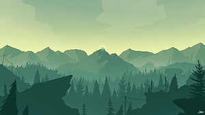 Firewatch Stylized Mountain Landscape with Pine Forest and Distant Cabin HD wallpaper