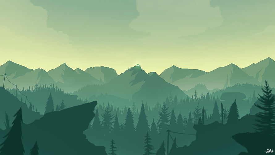 Firewatch Stylized Mountain Landscape with Pine Forest and Distant Cabin HD wallpaper