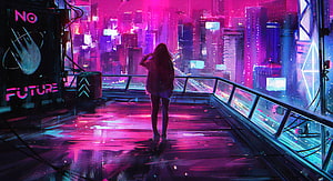 Cyberpunk Cityscape with Woman on Rooftop Balcony in Neon Pink and Purple Light, Cyberpunk City Sci Fi No Future Girls Live [ ], Futuristic Cyberpunk HD wallpaper