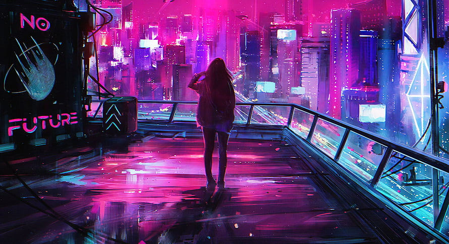 Cyberpunk Cityscape with Woman on Rooftop Balcony in Neon Pink and Purple Light HD wallpaper