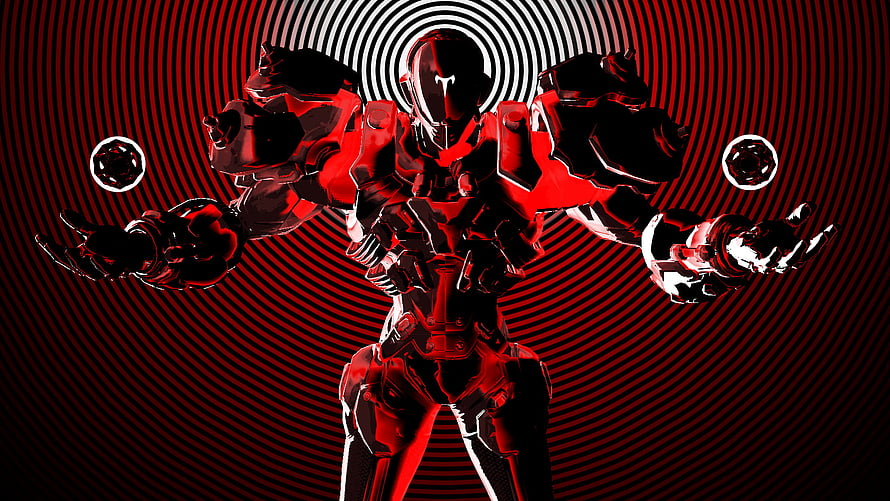 Talon Sigma Overwatch Character in Red and Black Armor with Concentric Circle Background HD wallpaper