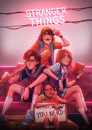 Stranger Things Anime Style Poster with Neon Sign and Four Characters on Stairs HD phone wallpaper