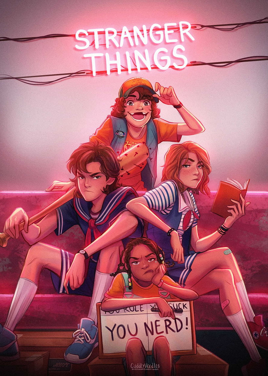 Stranger Things Anime Style Poster with Neon Sign and Four Characters on Stairs HD phone wallpaper