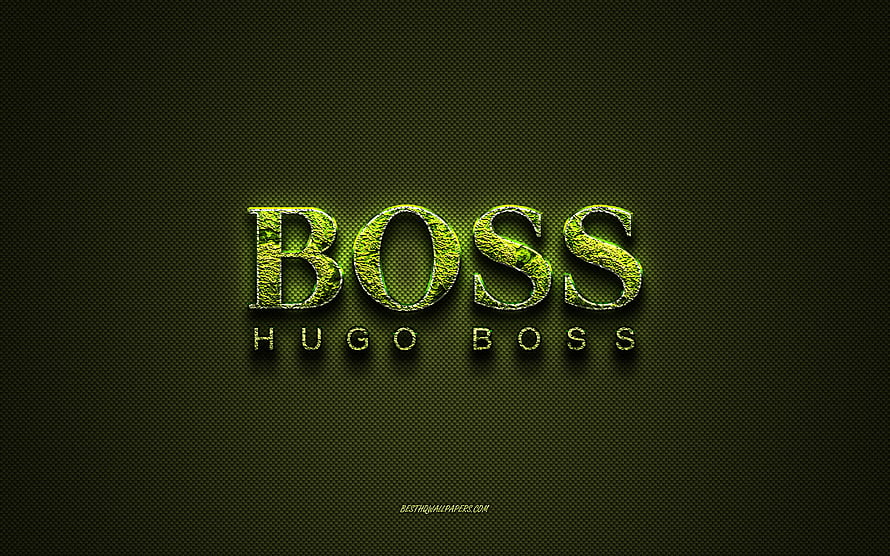 Hugo Boss Green Floral Typography on Dark Carbon Fiber Background HD wallpaper