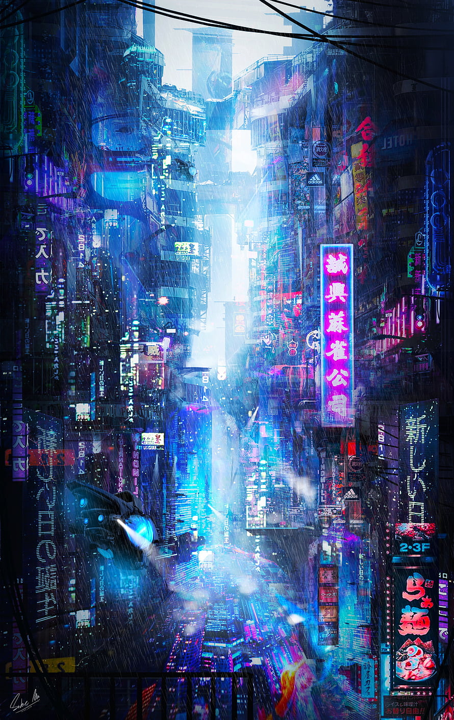 Cyberpunk Cityscape with Neon Signs and Rain in a Futuristic Metropolis HD phone wallpaper