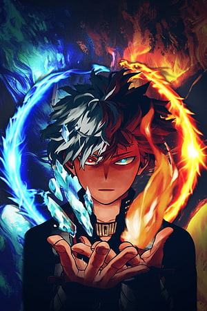 Shoto Todoroki from My Hero Academia channeling ice and fire powers in dramatic anime artwork HD phone wallpaper