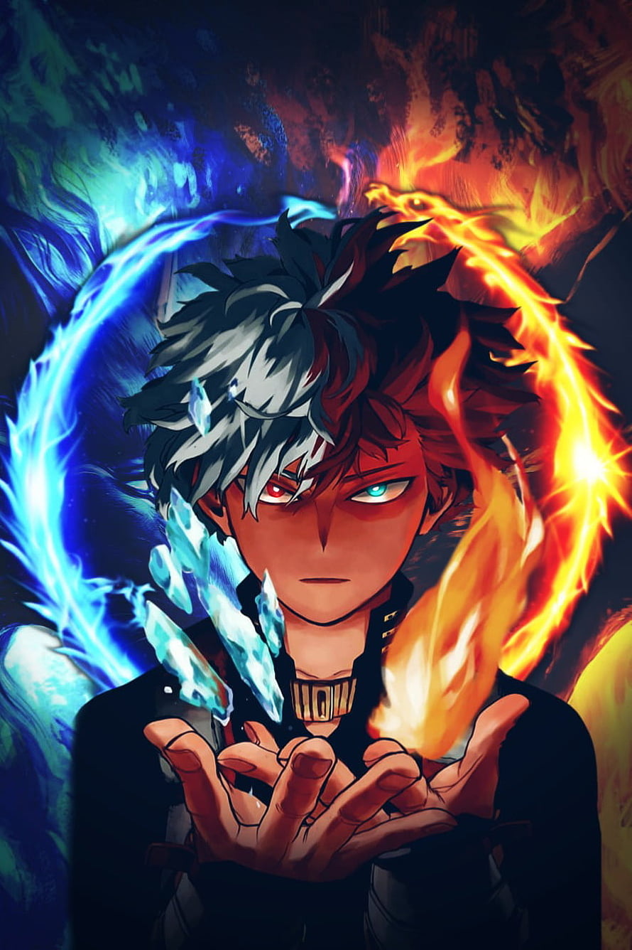 Shoto Todoroki from My Hero Academia channeling ice and fire powers in dramatic anime artwork HD phone wallpaper
