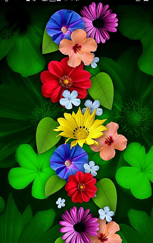 Vibrant Digital Floral Arrangement with Colorful Blooms and Lush Green Leaves HD phone wallpaper