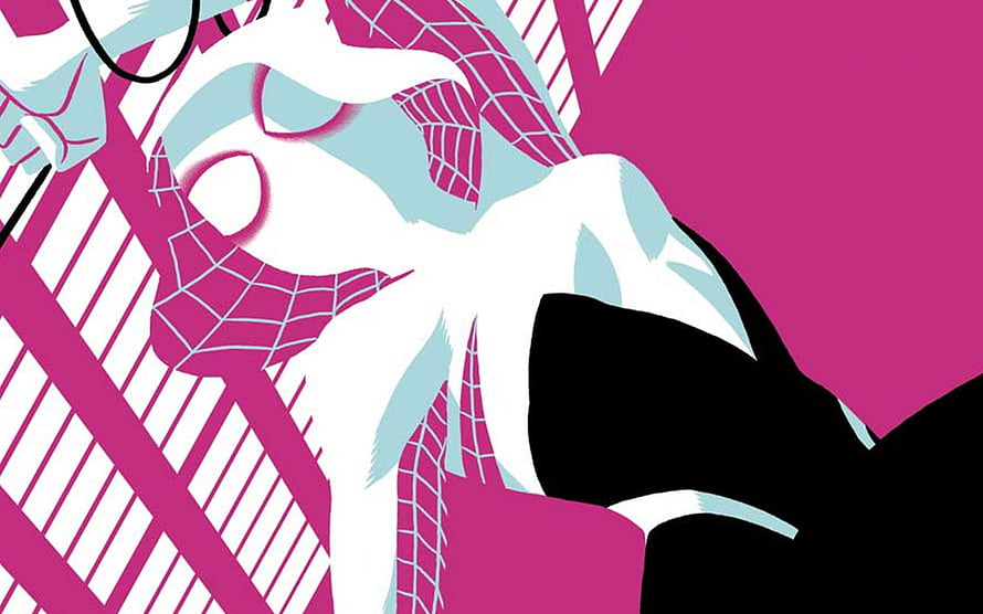 Spider-Gwen in a bold pink and white comic art style with web patterns and dramatic shading HD wallpaper