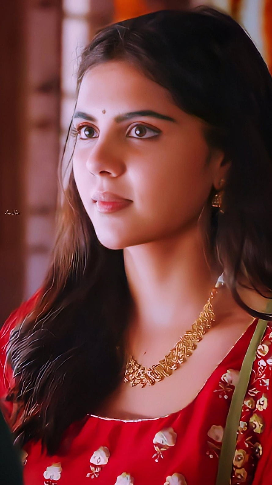 Kalyani Priyadarshini in Traditional Red Attire with Gold Necklace HD phone wallpaper