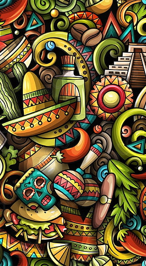 Vibrant Mexican Folk Art Illustration Featuring Sombrero, Sugar Skull, and Traditional Elements HD phone wallpaper