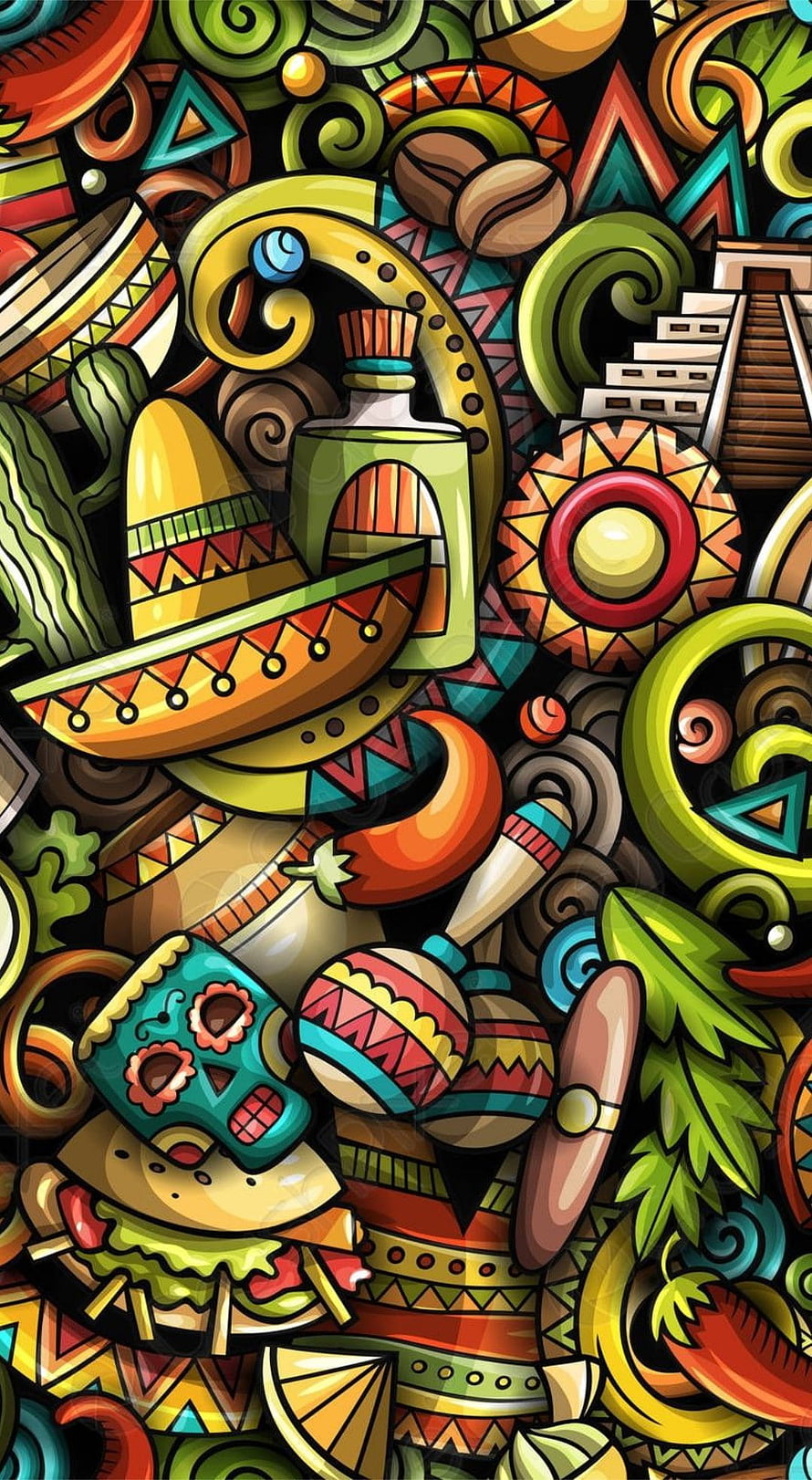 Vibrant Mexican Folk Art Illustration Featuring Sombrero, Sugar Skull, and Traditional Elements HD phone wallpaper